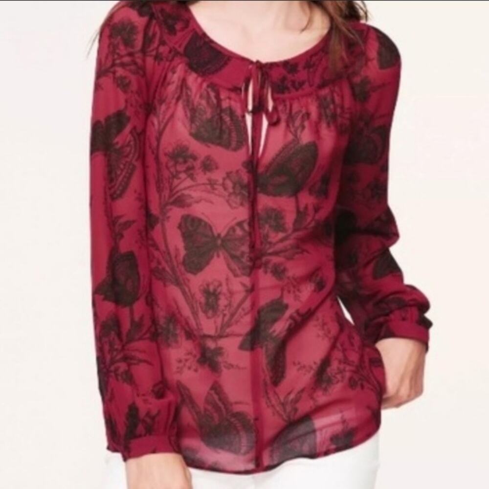 Ann Taylor Loft maroon sheer butterfly blouse